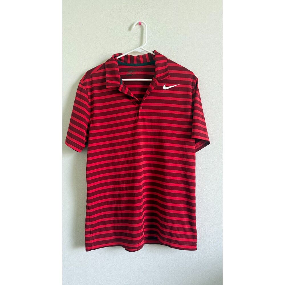 Nike Golf Dri-FIT Mens Large Red Burgundy Striped Polo Shirt Standard Fit